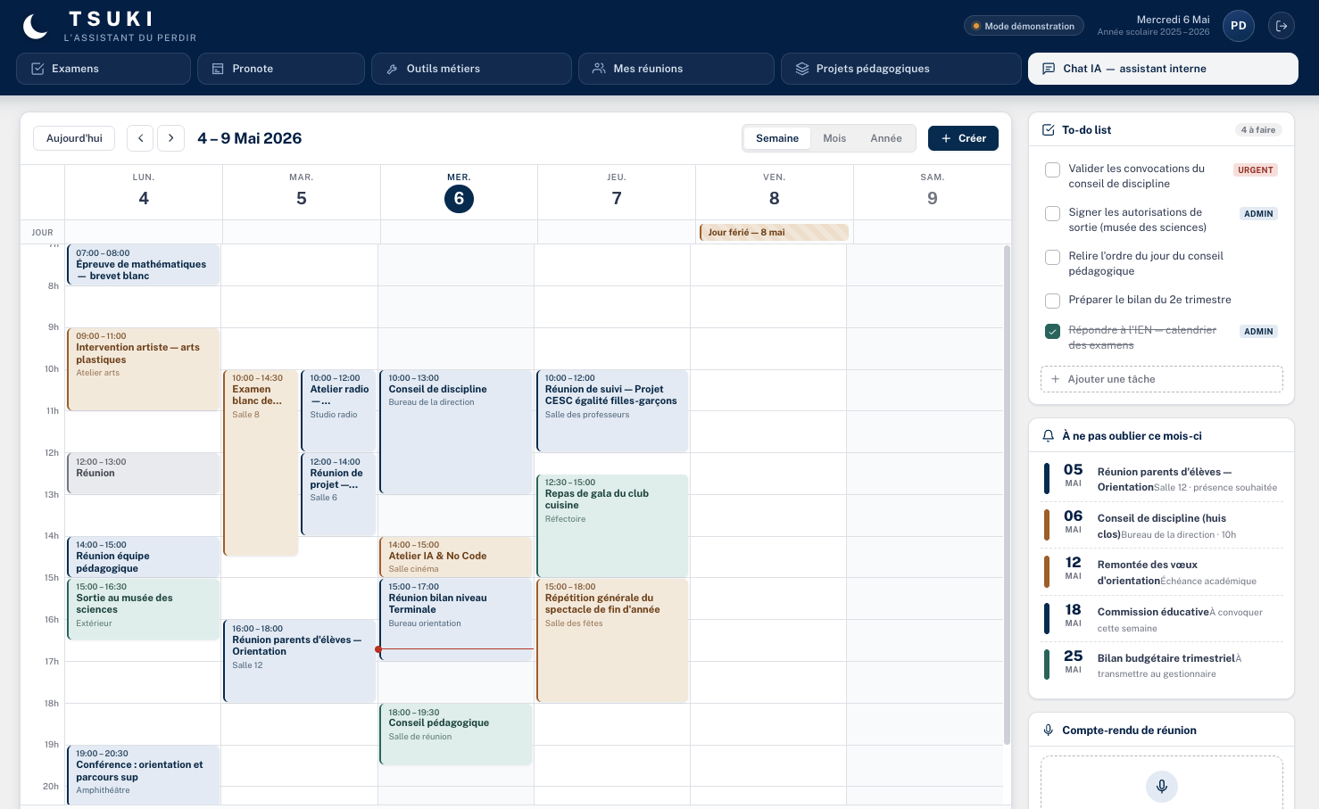 Interface de Tsuki : semaine, to-do list et échéances du mois